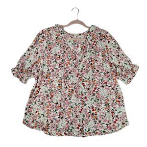 Alex & Lili 1X Floral Chiffon Top Short Puff Sleeves Ruffled Neckline Feminine